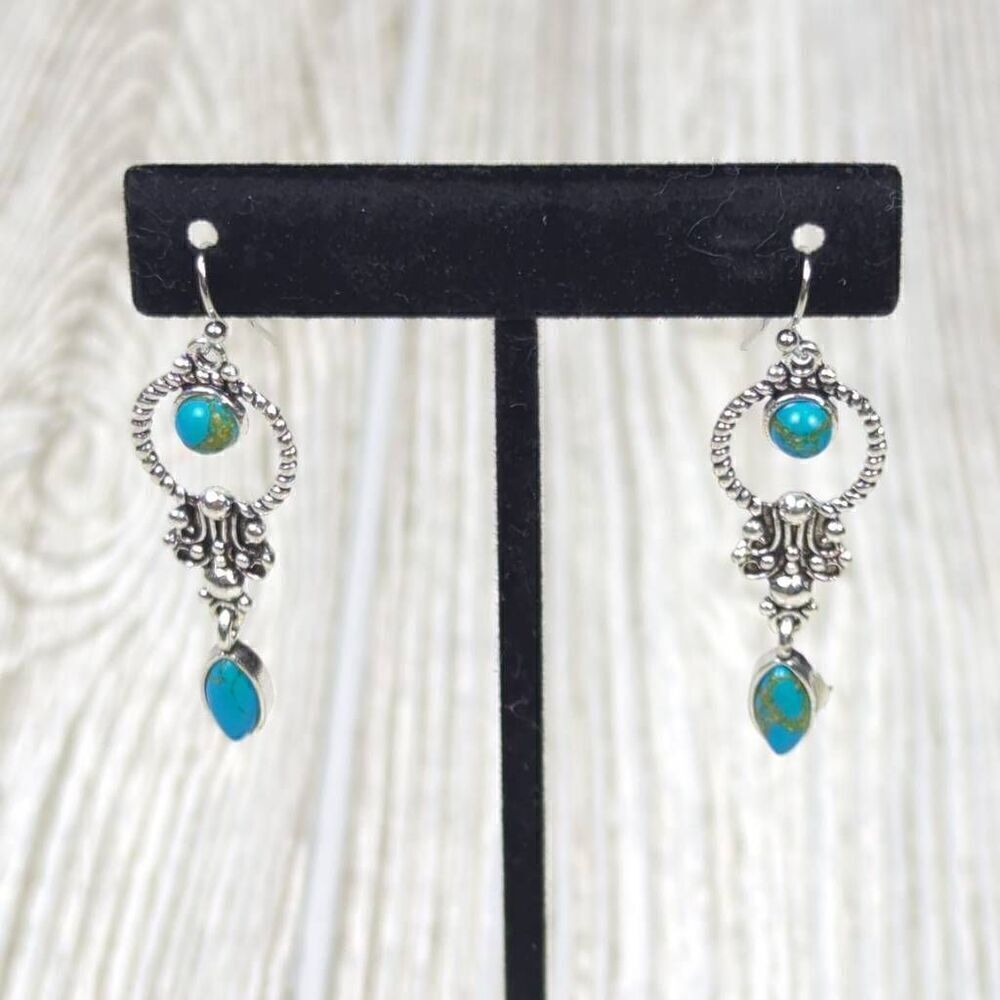 Womens Silver Tone & Turqouise Stone Dangle Wire Earrings Blue 1.5" Tall